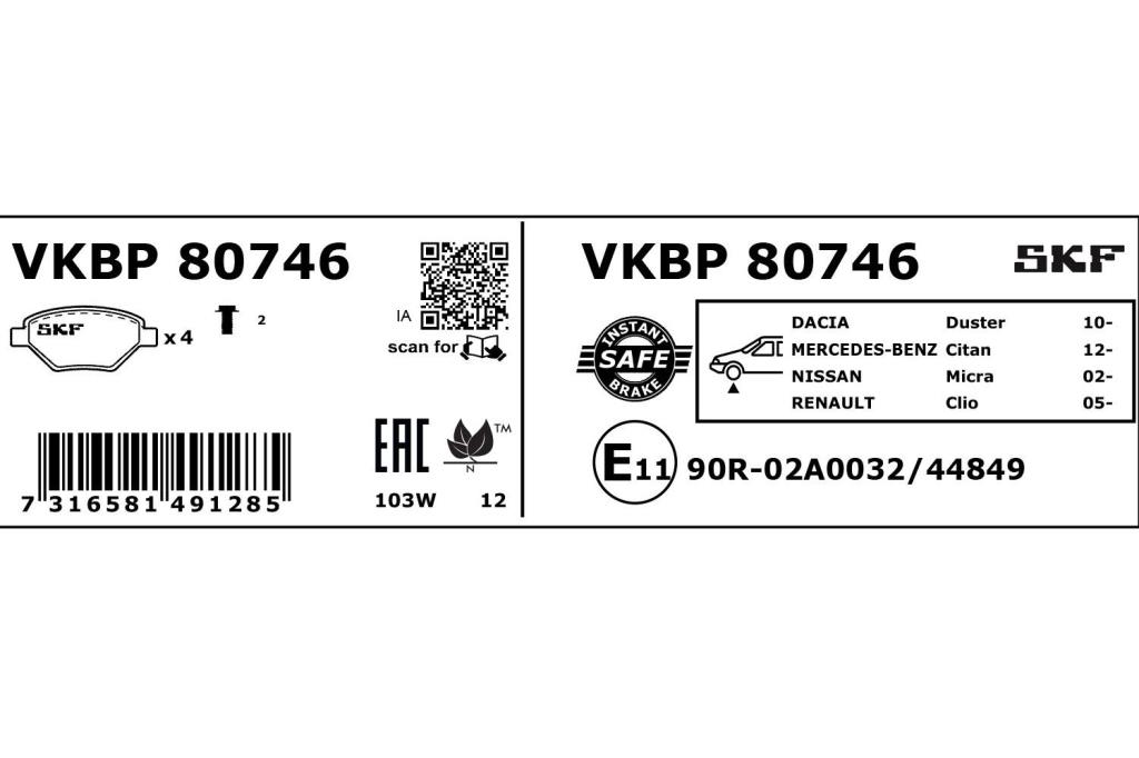 Jogo de 4 pastilhas de travão SKF ref. VKBP 80746